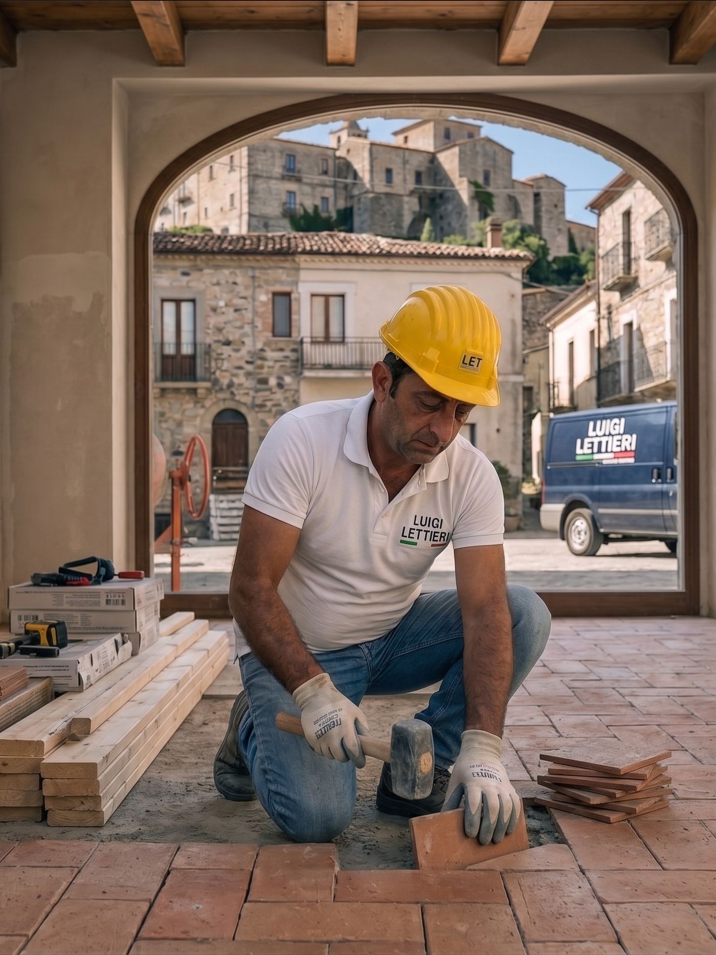 Luigi Lettieri al lavoro sulla posa di un pavimento in cotto