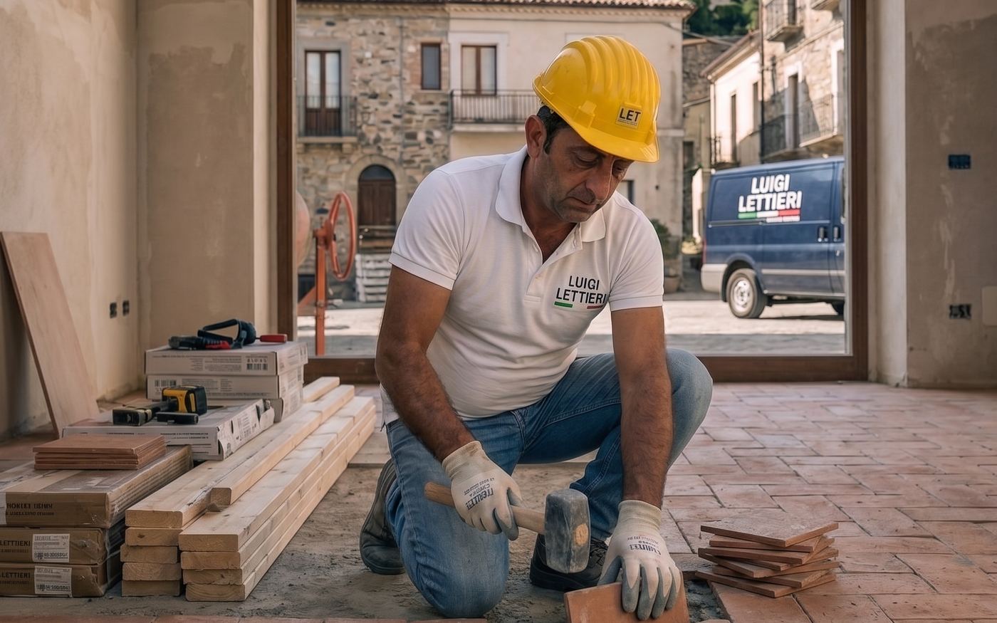 Posa di un pavimento in cotto durante una ristrutturazione a Roccadaspide