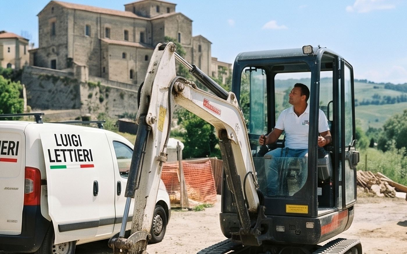 Mini escavatore cingolato dell'impresa Lettieri al lavoro su uno sbancamento