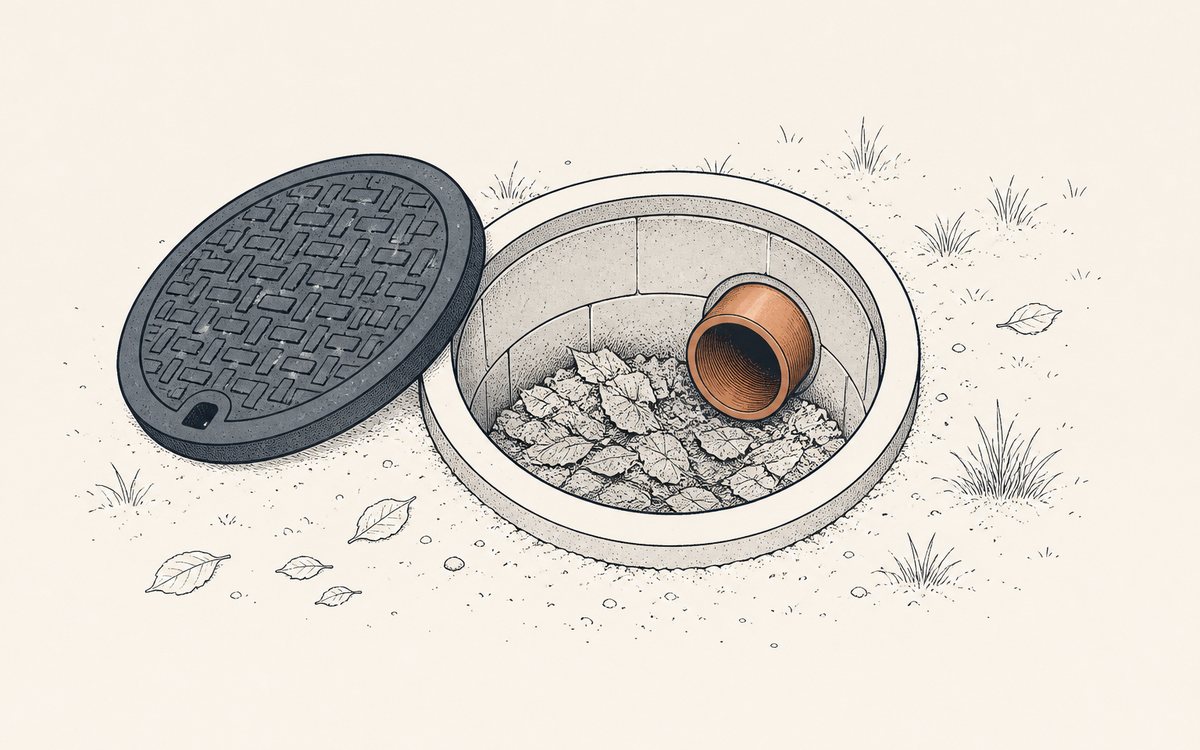 Pozzetto di raccolta aperto con il fondo pieno di foglie e terra
